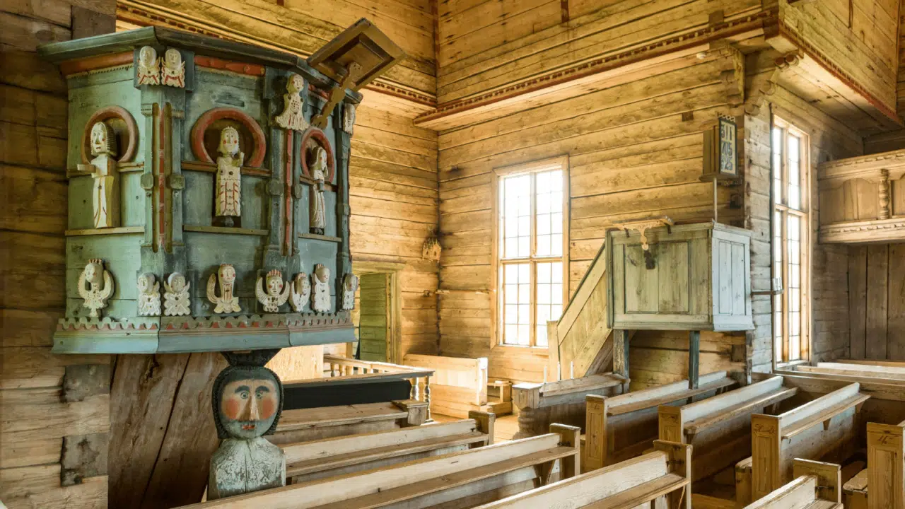 Petäjäveden vanhan kirkon taidetta sisältä kuvattuna.