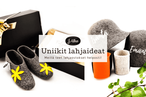 Taustalla huopakäsitöitä, keskellä teksti: Uniikit lahjaideat - meillä teet lahjaostokset helposti!