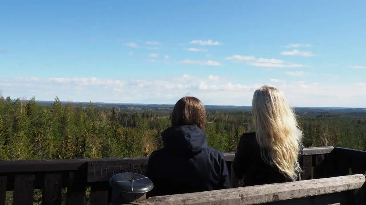 Two people watching the scenery at the top of the observation tower.