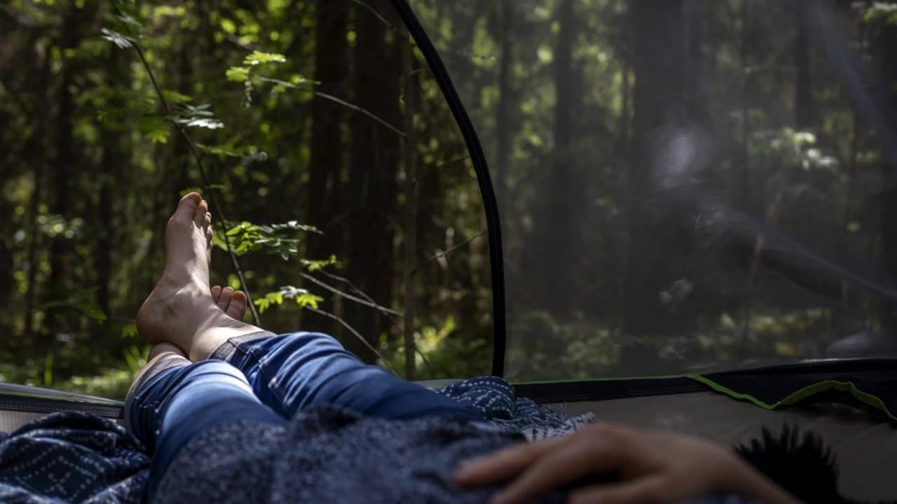 Eine Person liegt im Zelt in den Wald