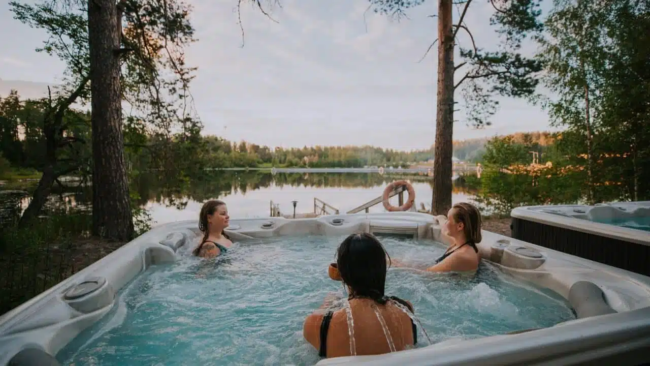 Drei Personen sind im Whirpool neben einem See
