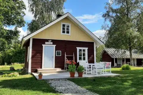 Kahvilan hirsirakennus ja pihapiiri aurinkoisena kesäpäivänä.