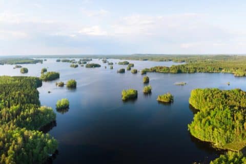 Ilmakuva kesäisestä järvimaisemasta.