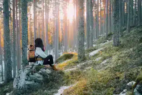 Henkilö istuu kiven päällä metsässä, jossa on hieman lunta näkyvillä.