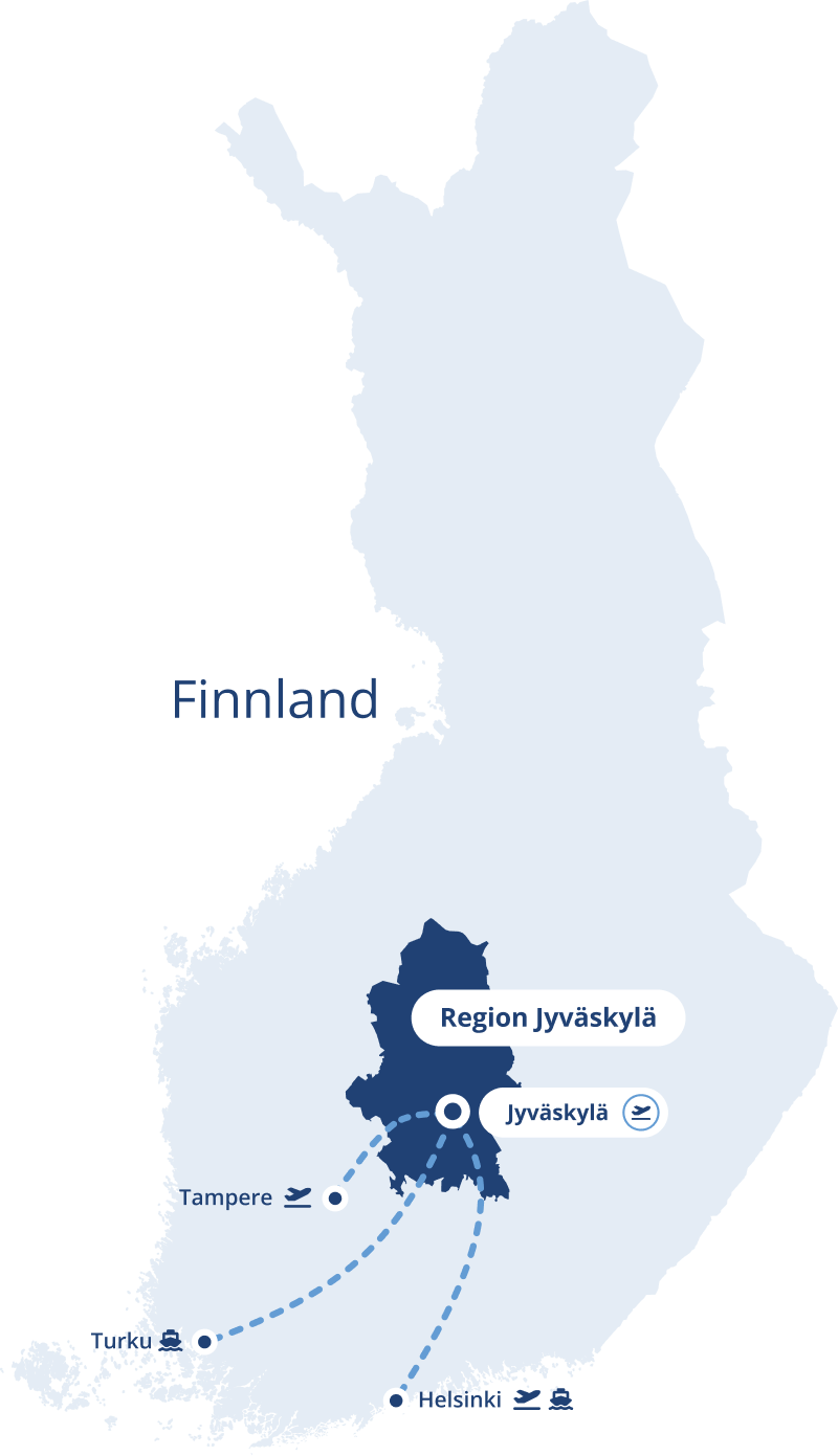 Karte von Finnland mit der Region Jyväskylä und Entfernungen von verschiedenen Städten.