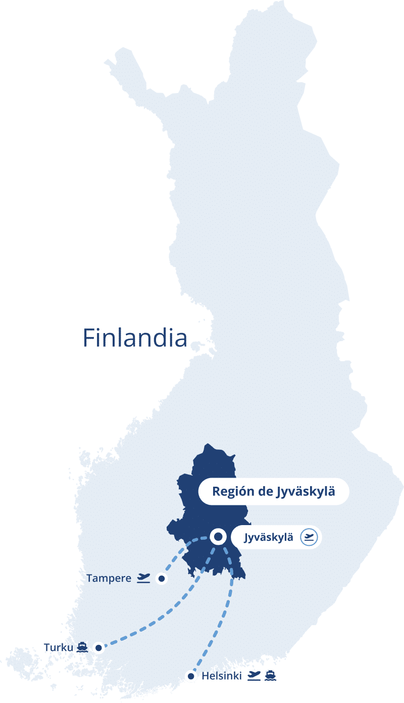 Mapa de Finlandia con la región de Jyväskylä resaltada.
