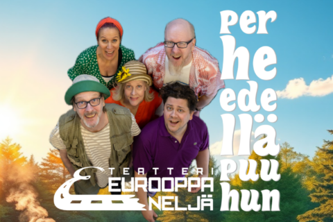 Mainoskuva Perhe edellä puuhun -näytelmästä.