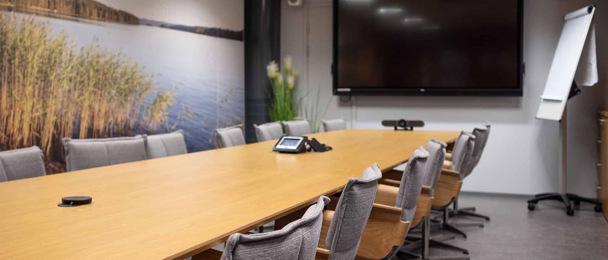 Pitkä puinen neuvottelupöytä, jonka ympärillä pehmustettuja harmaita kokoustuoleja. Pöydän päässä seinällä iso näyttö. Sivuseinällä iso valokuvatapetti, jossa järvimaisena