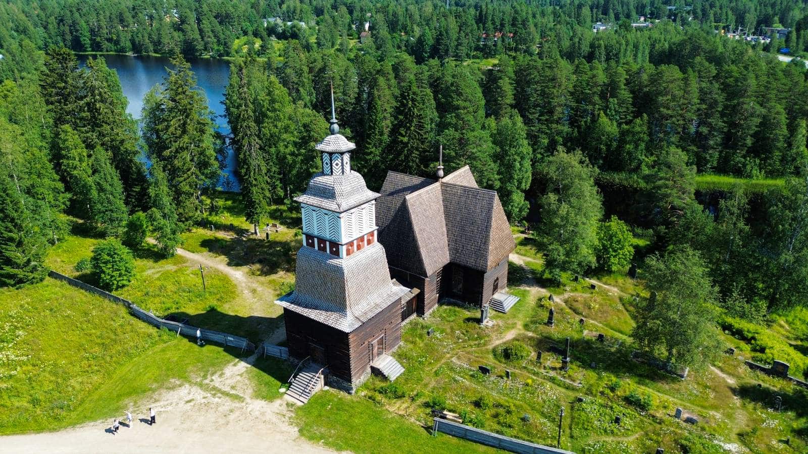 Aerial view of the old church in Petäjävesi.