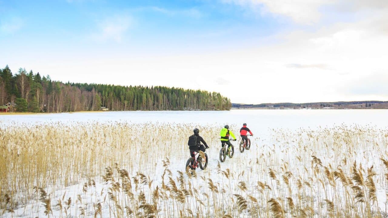 Drei Personen fahren mit ihren Fatbikes auf dem zugefrorenen See.
