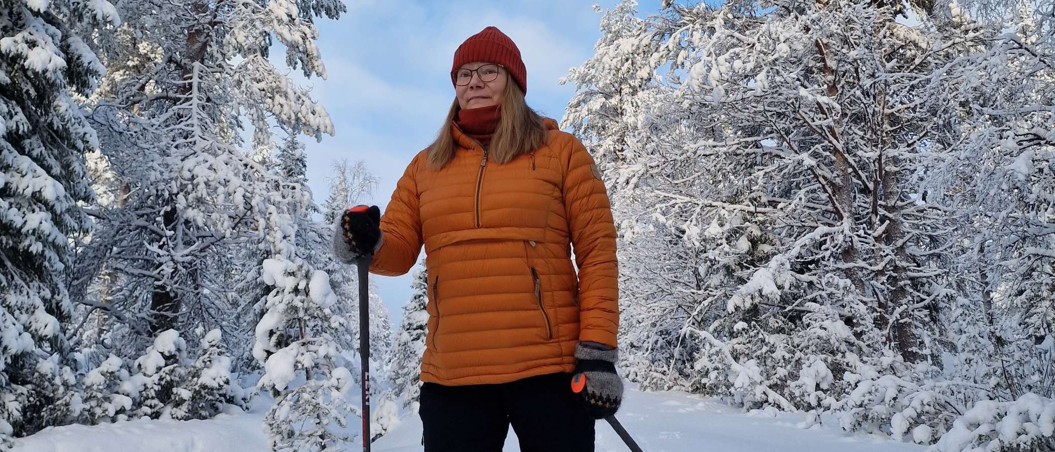 A person is snowshoeing in a winter forest.