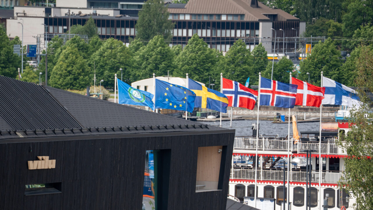 Tuulessa liehuvat liput Jyväskylän Lutakon satamassa.
