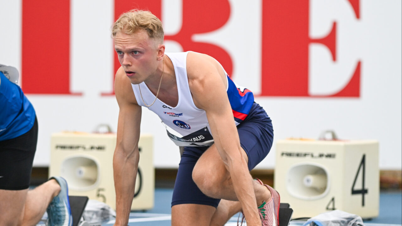 An athlete getting ready for the race on track and field competition.