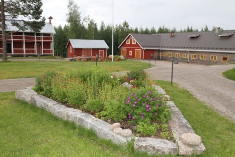 Piha-alueen rakennuksia ja kukkapenkki.