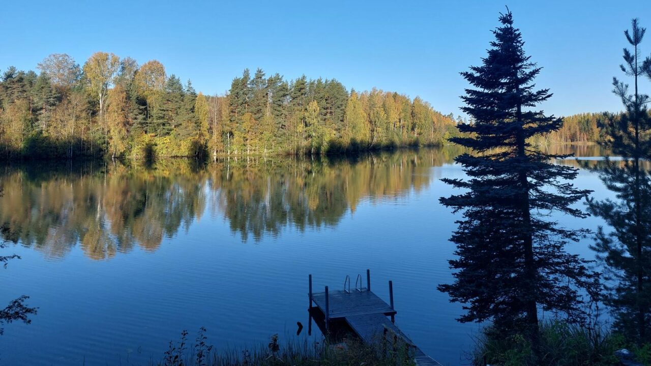 Tyyni järvimaisema. Järven rannalla on laituri ja vasta-rannalla metsää.