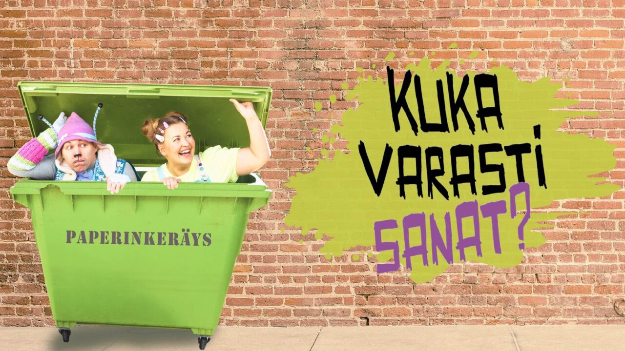 Kaksi henkilöä kurkistaa paperinkeräyslaatikossa. Vieressä teksti Kuka varasti sanat?