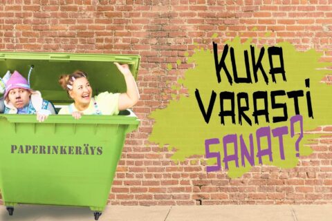 Kaksi henkilöä kurkistaa paperinkeräyslaatikossa. Vieressä teksti Kuka varasti sanat?